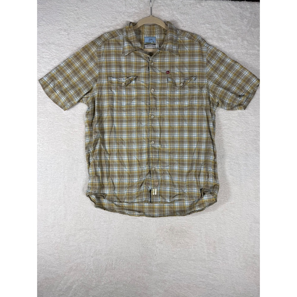Quiksilver Button Down Shirt Mens Large Yellow Blue Plaid Cotton Blend Excellent